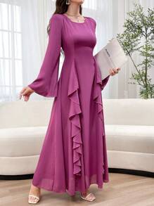 Modelyn Vestido modesto de unicolor con detalle de volantes y mangas acampanadas para mujer - Rojo violeta - Ver 6