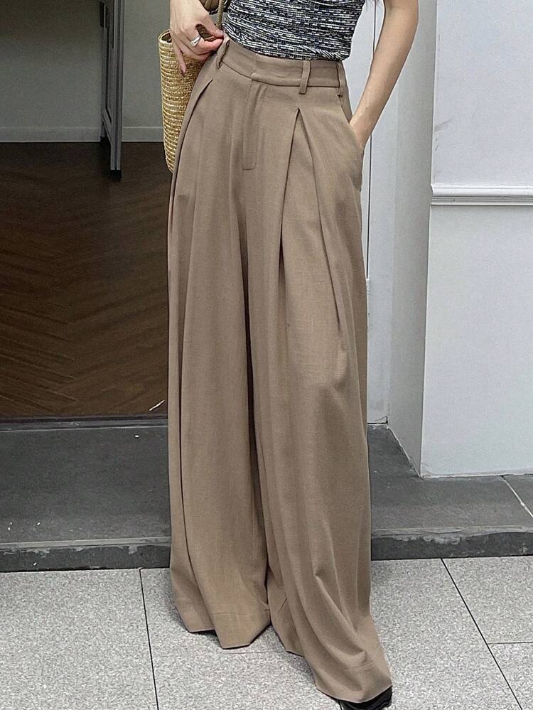 Solid Wide Leg Pleated Women's Dress Pants Business Attire