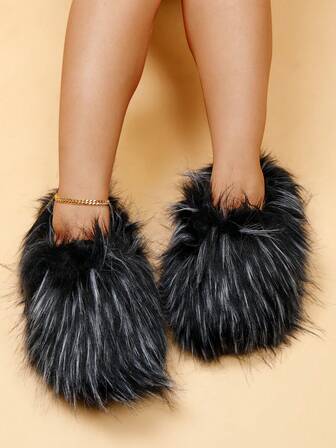 Plus Size Fluffy Slippers For Women, Spring Faux Fur Lined Indoor Home Quiet Warm Slippers, Fashion Slip-On Outdoor Wear