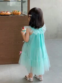 Baby Girls' Lake Blue Layered Mesh Tutu Dress With Heavy Embroidery Neckline, Perfect For Parties And Holidays - Mint Blue - View 2