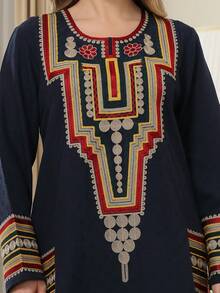 女士几何刺绣朴素长袖阿拉伯连衣裙 - 寶藍色 - 查看 3