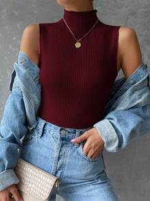 SHEIN Clasi Camiseta sin mangas de verano para mujer de cuello alto en unicolor, sencilla y a la moda