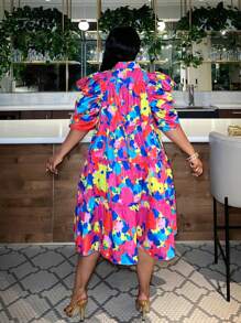 Slaydiva Colorful Casual Plus Size Printed Loose Puff Sleeve A-Line Dress For Women
