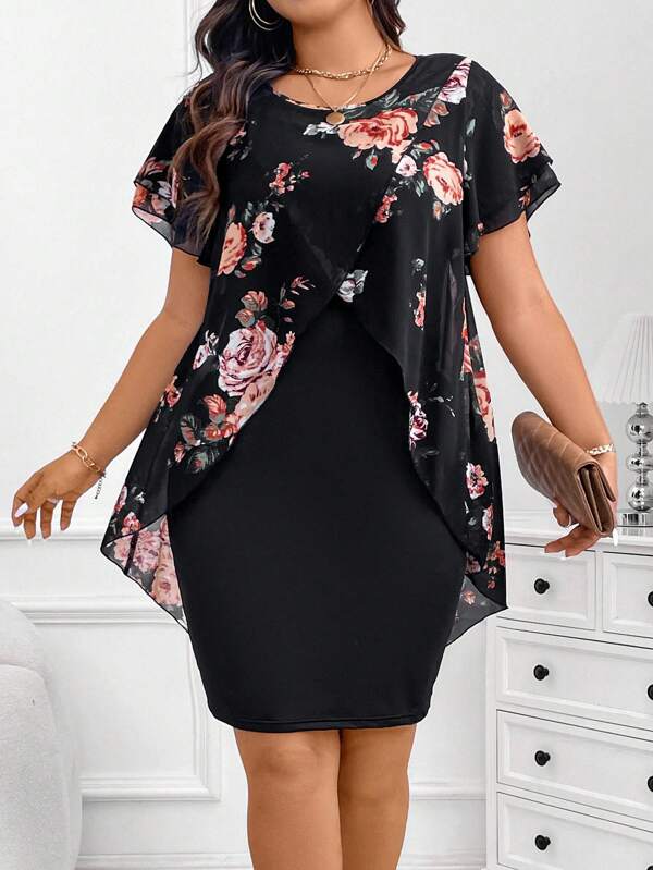 Elenzga Vestido de verano informal con cuello redondo y estampado floral para tallas grandes