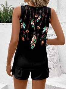 SHEIN LUNE Conjunto de 2 piezas con top corto sin mangas con estampado de plumas y top tipo camiseta de talla grande, apropiado para el verano