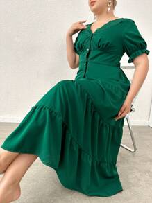 Mulvari Plus Size Women's Solid Color Simple Daily Open Front Lace Hem Dress - Dark Green - View 6