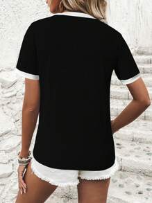 Camiseta básica de estilo coreano para mujeres - Camiseta informal de manga corta de unicolor, camiseta de cuello redondo esencial para el verano, camiseta ajustada para uso diario para mujeres, atuendos de verano relajados para mujeres - Negro - Ver 2
