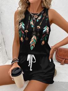 SHEIN LUNE Conjunto de 2 piezas con top corto sin mangas con estampado de plumas y top tipo camiseta de talla grande, apropiado para el verano