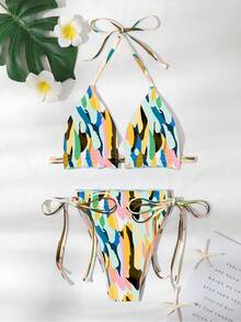 SHEIN Swim 女士夏季沙灘全印花頸項帶性感比基尼套裝，隨機印花設計和波浪邊緣 - 彩色 - 查看 3