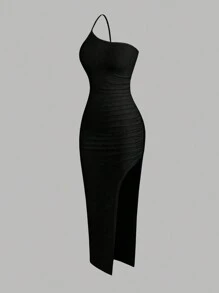 Lunelith SHEIN Lunessa Damen Sommer einfarbiges schulterfreies gerüschtes seitlich gesplissenes sexy langes Kleid Outfit für Frauen