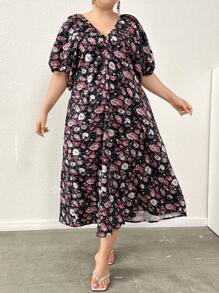 Mulvari Vestido Impresso Aleatório Elegante para Mulheres de Tamanho Maior - Multicolorido - View 5