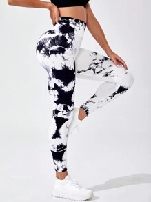 SHEIN Core Rhythm Leggings deportivos con control de abdomen y estampado tie-dye para mujer