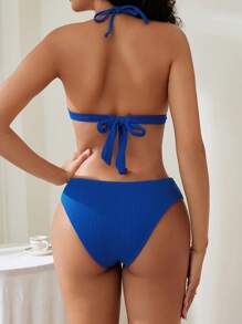 SHEIN Swim Bộ bikini dây màu trơn dây buộc gợi cảm dành cho nữ đi biển mùa hè - Xanh đậm - Xem 2