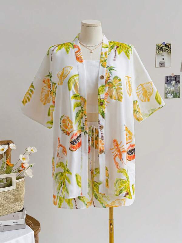 Dreamara Plus Size Women's Lobster Coconut Tree Pattern Casual Beach Holiday Loose Shirt And Shorts Vacation Style 2pcs/Set