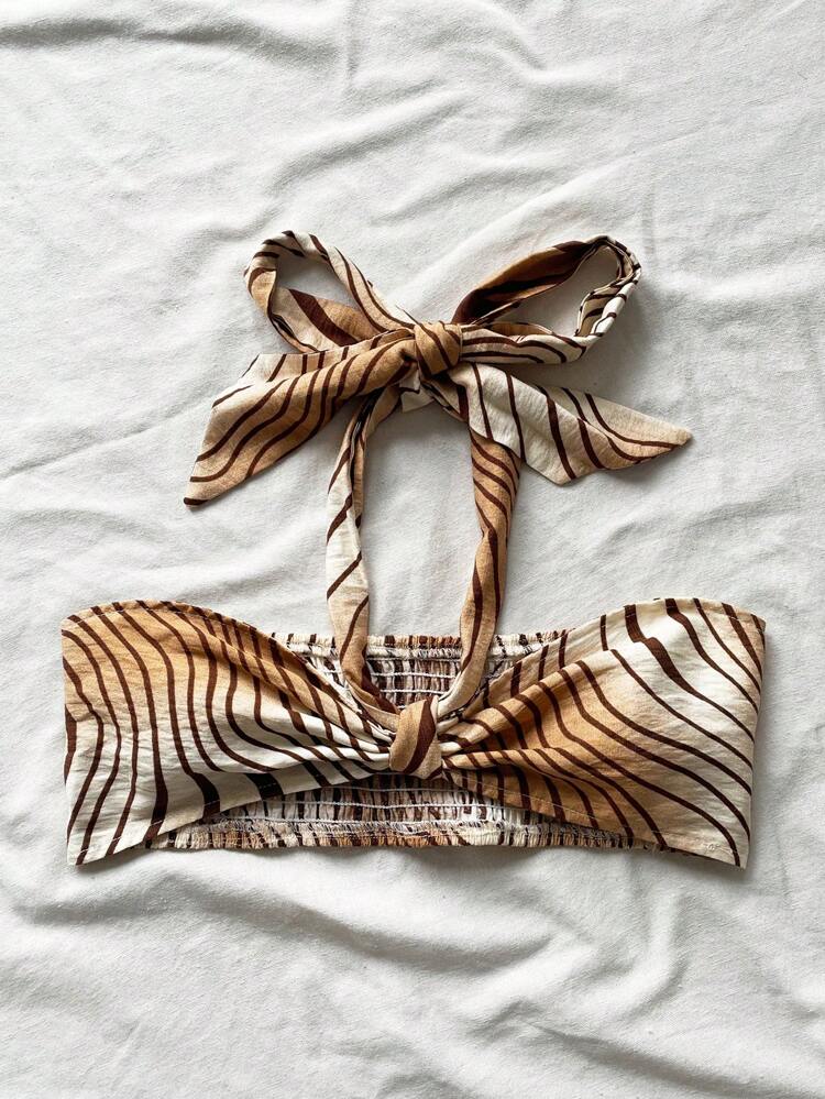 Women's Khaki Wave Patterned Finished Crossed Strap Neck Slim Fit Camisole For Beach Vacation, Comfy Fabric