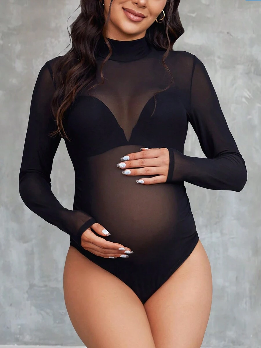 Maternity High Neck Sheer Mesh Bodysuits, Suitable For Photography, Long Sleeve Black Summer - Black - View 1