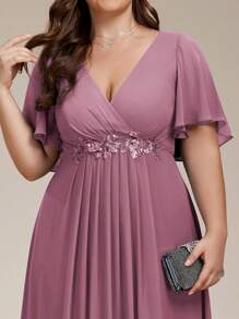 EVERPRETTY Elegant V-Neck Embroidered Ruffle Sleeve Chiffon Formal Dress - Dusty Pink - View 6