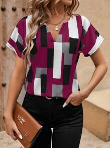EMERY ROSE Summer Casual Geometric Printed Notched Collar Shirt,Short Sleeve Tops - Hot Pink - View 6