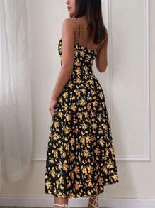 Pariaura 女士优雅前系带碎花连衣裙长款女装 - 黑色 - 查看 2