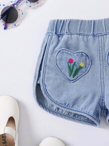 SHEIN Baby Girl Cute Embroidered Heart Elastic Waist Denim Shorts, Blue