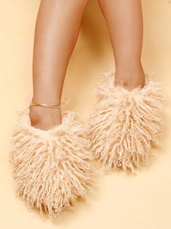 女士加大码毛绒拖鞋，春季仿毛内衬室内家居静音保暖拖鞋，时尚一脚蹬户外鞋