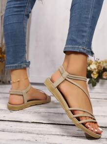 2024 Women's Summer New Arrival Elegant Comfortable Striped Casual Plus Size Flat Sandals, Black