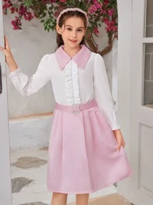 SHEIN Bộ áo sơ mi dài tay và chân váy xếp ly Tween Girl Color Block kèm thắt lưng sáng bóng, 2 chiếc nữ tính - Hồng - Xem 5