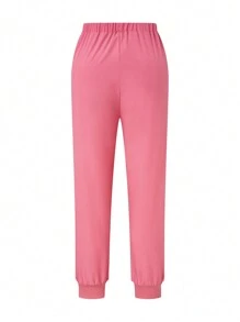 SHEIN TaskFit Conjunto de uniforme de talla grande de pantalón y camisa de manga corta de unicolor, simple y diario - Rosa - Ver 6