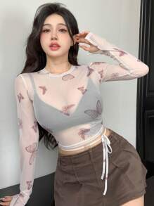 All Allover Print Butterfly Sheer Mesh See-Through Sexy Round Neck Tie-Up Crop Top With Long Sleeves - Redwood - View 6