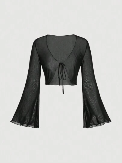 SHEIN MOD Blusa versátil con cuello en V, lazo delantero y mangas acampanadas