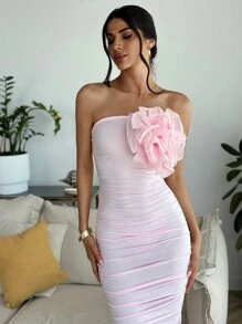 Firerie Women's Ruched Strapless Bodycon Dress With 3D Flower Details - Pink - View 2