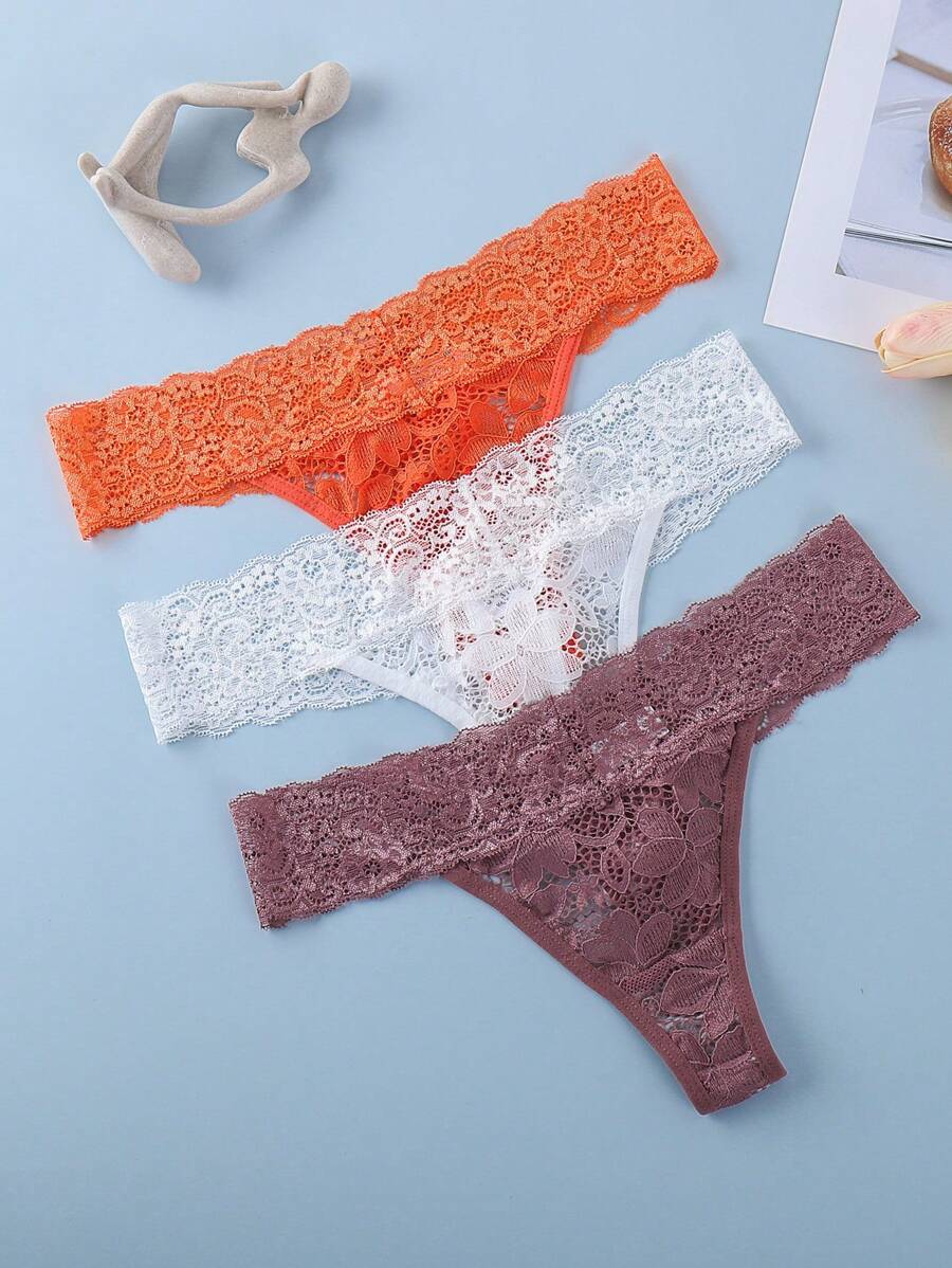 單色蕾絲拼接浪漫無縫三角褲（3件裝） - 彩色 - 查看 1