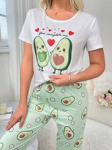 Conjunto de pijama de manga corta y pantalón largo con patrón de aguacate para mujer - Verde - Ver 3