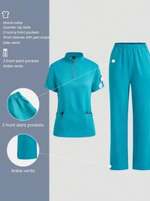 TaskEZ 女式薄荷藍護士制服套裝，包括2個口袋拉鍊外科上衣和2個口袋束口口袋外科褲，護士服套裝 - 薄荷藍 - 查看 3