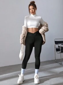 SHEIN EZwear Quần legging đen eo chồng chéo - màu đen - Xem 5