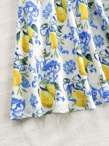 Soleia Women's Shirred Puff Sleeve Lemon Printed Tie Waist Mini A-Line Dress, Vacation Afternoon Tea Party Summer Dress - Multicolor - View 5