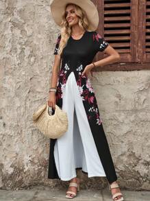 EMERY ROSE Black Floral White Pants Women's Casual Summer Two-Piece Set - Black and White - View 4