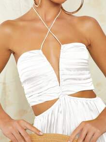 L'Amorae Cut Out Waist Pleated Tie Satin Dress