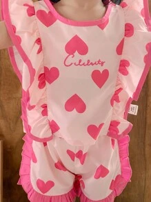 SHEIN 2 pezzi Set di top e pantaloncini con orlo a volant carino e cuore ricamato per bambine in età prescolare, abbigliamento primavera/estate