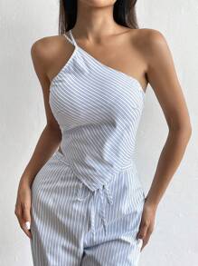 Flirla 女式条纹印花简约不对称日常上衣 - 白色 - 查看 3