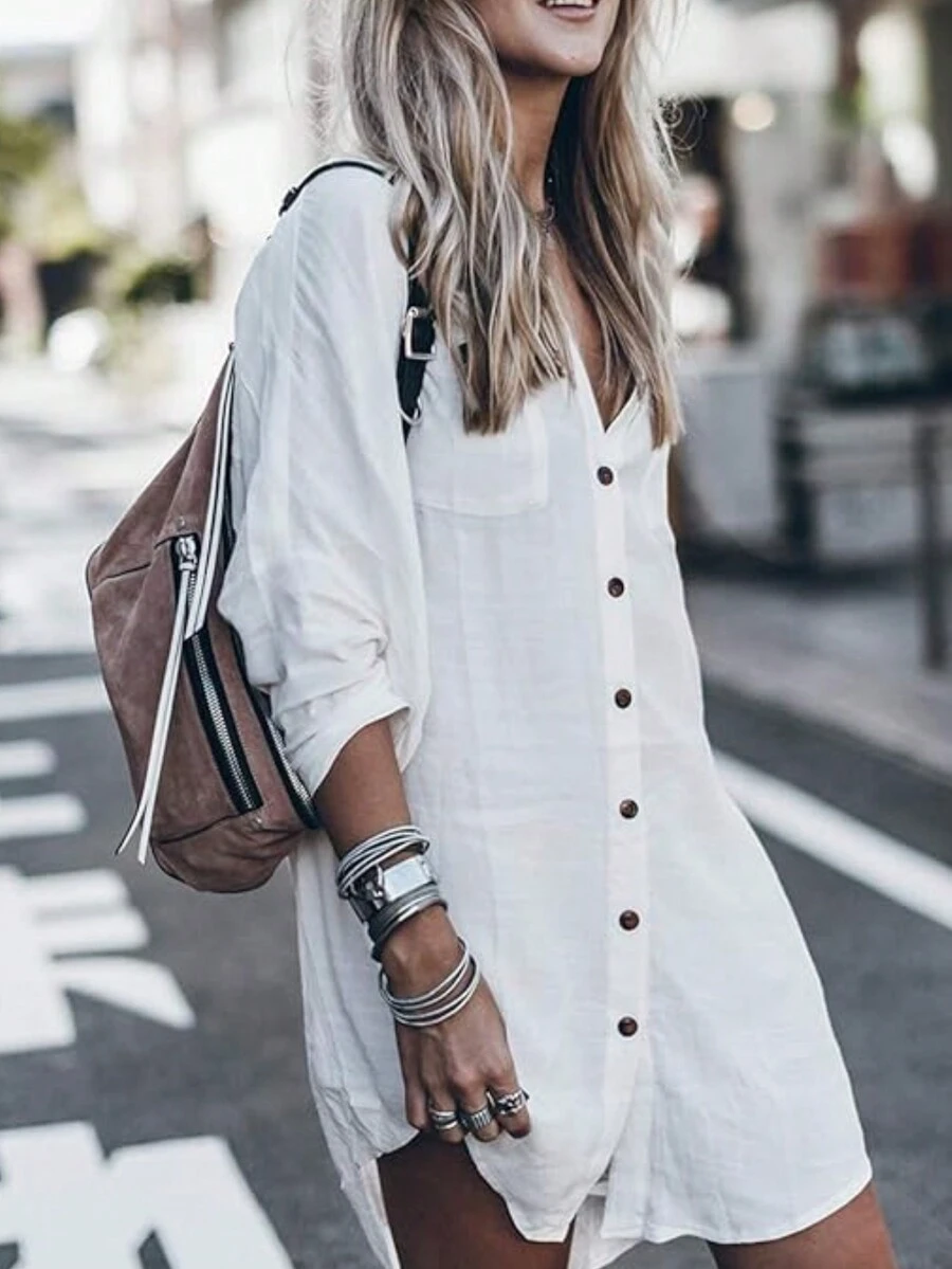 女式纯色简约休闲长袖纽扣衬衫 - 白色 - 查看 1