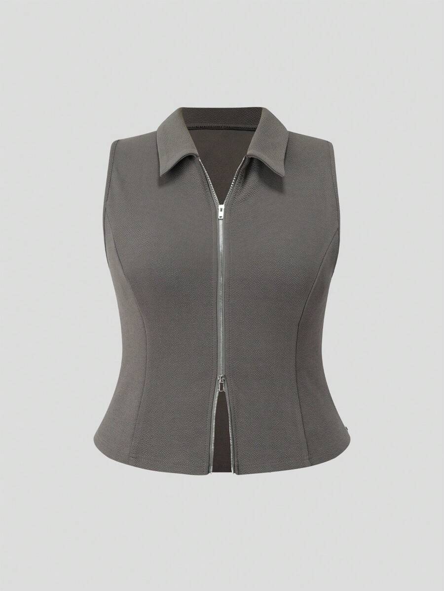 SHEIN EZwear 大碼雙頭拉鍊溜口商務暗灰色上衣，襯衫領 - 深灰色 - 查看 1