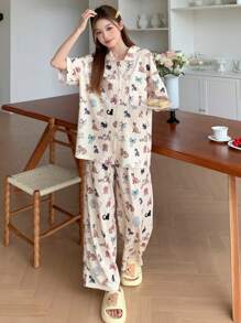 DAZY Cute Cat Allover Print Pajama Set - Yellow - View 4
