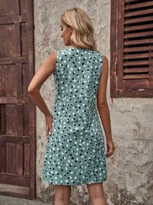 EMERY ROSE 女士黑白圓點紋圓領褶皺無袖休閒夏日連衣裙 - 綠色 - 查看 2