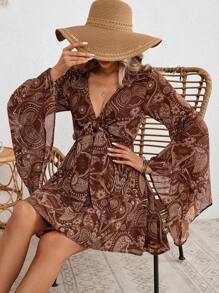 SHEIN VCAY Mono vestido tejido con estampado, cuello en V, lazo frontal y mangas de campana para mujeres, vestido casual para mujeres