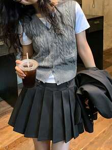 Solid Color Textured V-Neck Cardigan Sweater Vest - Grey - View 4