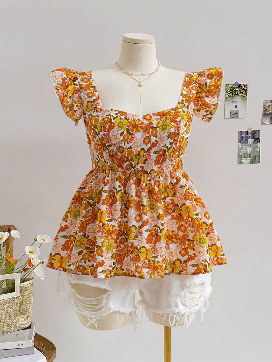 Soleia Blusa de manga corta y talla grande con estampado floral para vacaciones, con escote cuadrado y dobladillo en línea A - Naranja - Ver 1