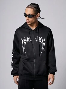 Manfinity Roughcore Áo nỉ trùm đầu có dây rút họa tiết chữ cái cho nam, áo hoodie có dây kéo thời trang dạo phố màu đen, áo hoodie dài tay màu đen, quà tặng cho bạn bè, chồng, bạn trai, cho mùa thu - màu đen - Xem 7