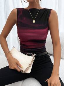 Chiquease 夏季无袖背心，带褶皱和随机花卉图案，适合新年衣服图案 T 恤女式上衣 - 紅色 - 查看 6