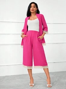 SHEIN Lady Bohemian Style Fringe Decorated Pink Kimono Coat And Pants Set - Watermelon Pink - View 4